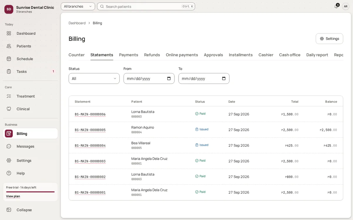 Billing statements with their status, date, total and balance.