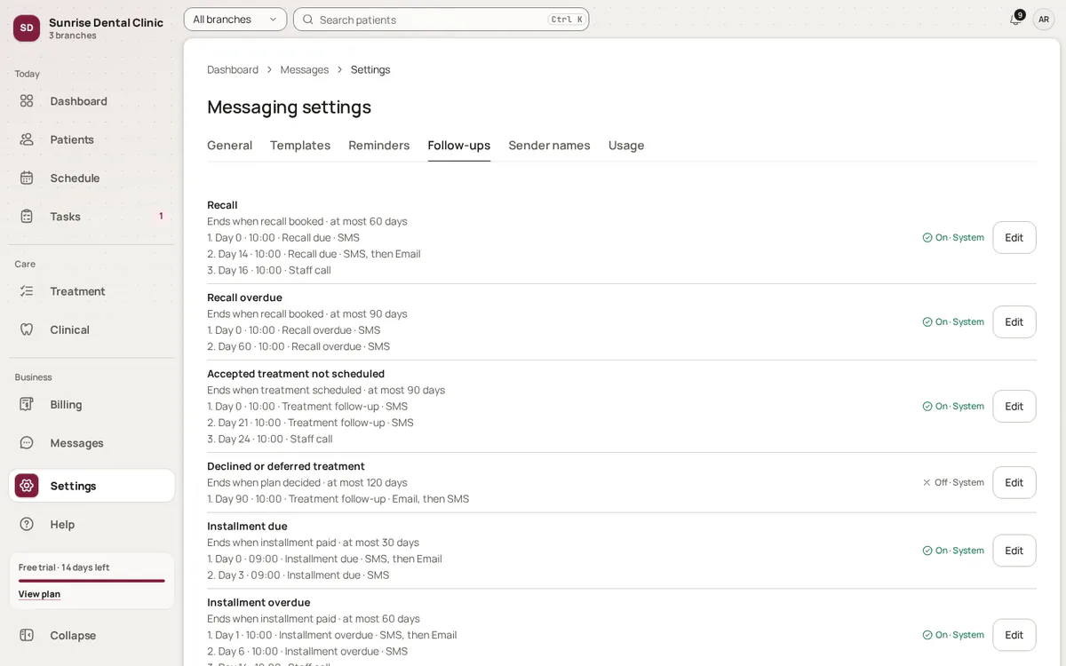 Messaging follow-ups: timed SMS and email sequences for recalls, accepted treatment and installments, each switched on.