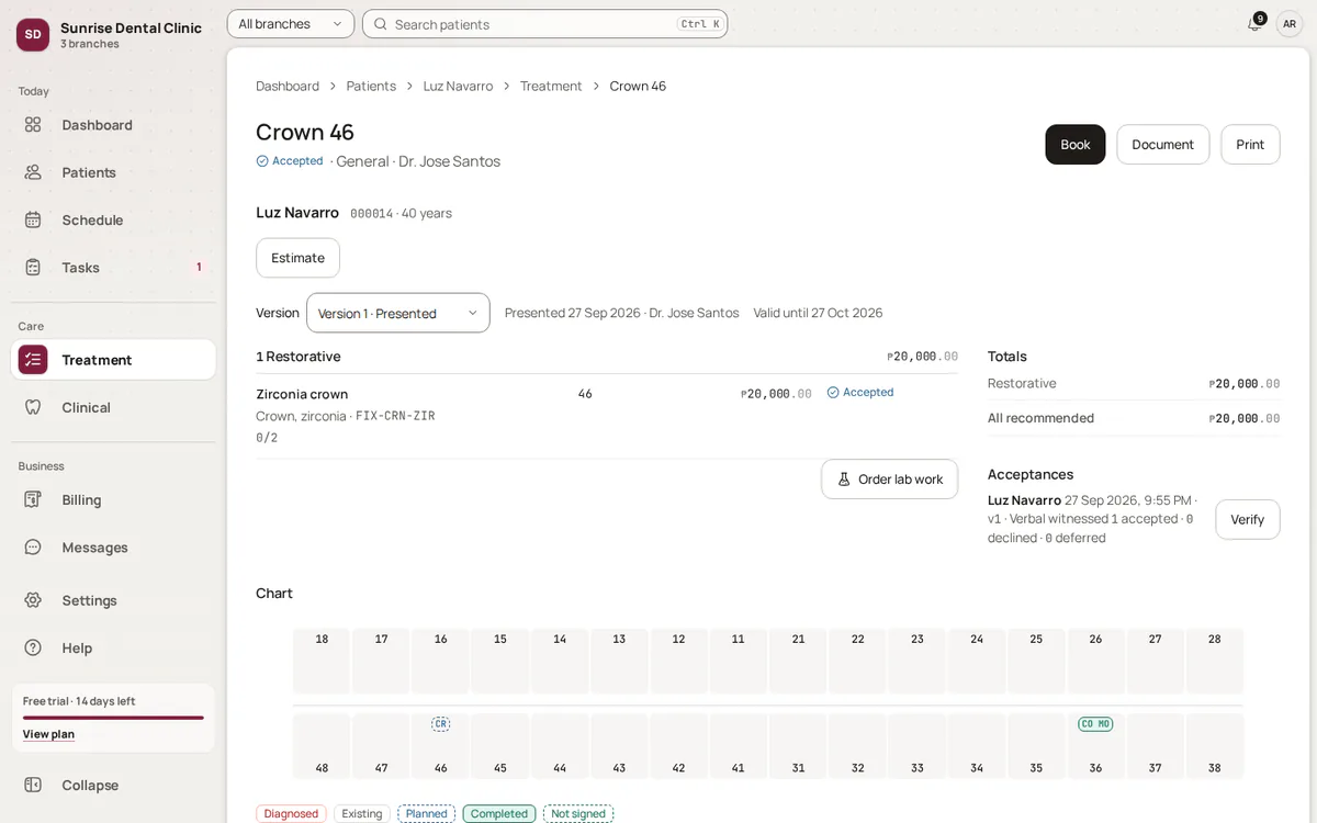 A treatment plan for a zirconia crown on tooth 46, with its estimate, the patient’s acceptance and the tooth chart.